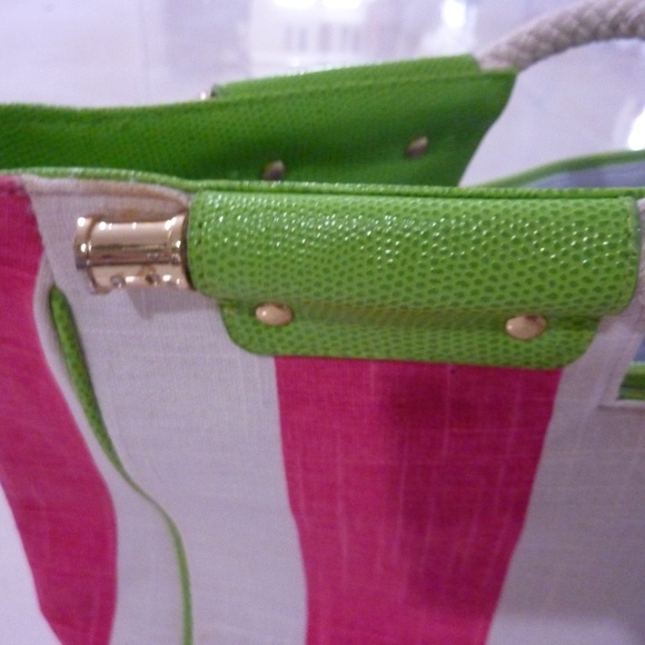 Lilly Pulitzer Striped Large Canvas Tote Bag PINK White GREEN  2 Piece 15 X 12'' - Picture 5 of 14